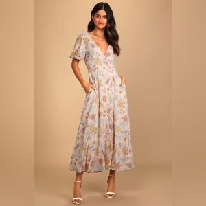 Flourishing Feelings Pink Floral Print Puff Sleeve Midi Dress w/Pockets sz Large